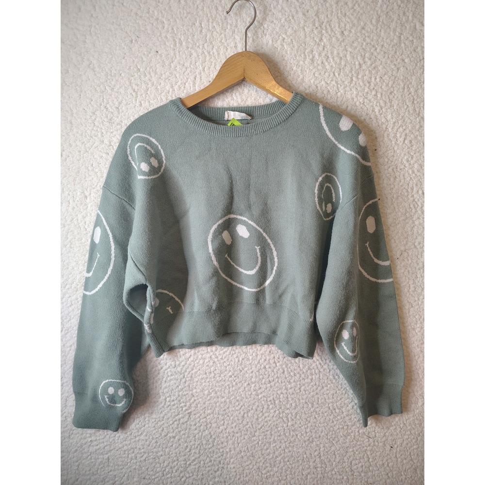 Altard State Sage Green Smiley Face Knit Cropped Crewneck Sweater Small
